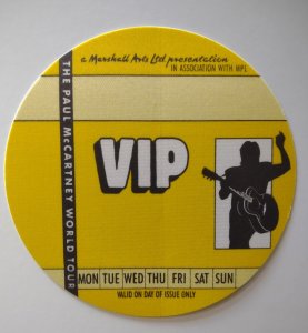 Paul McCartney Backstage Pass Fabric VIP 1989-1990 World Tour Yellow Beatles