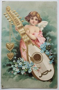 Valentine Greeting Beautiful Cherub With Golden Mandolin And Hearts Postcard X24