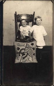 Patriotic Embroidered Pillow American Flag & Horseshoe Boys c1910 RPPC Postcard