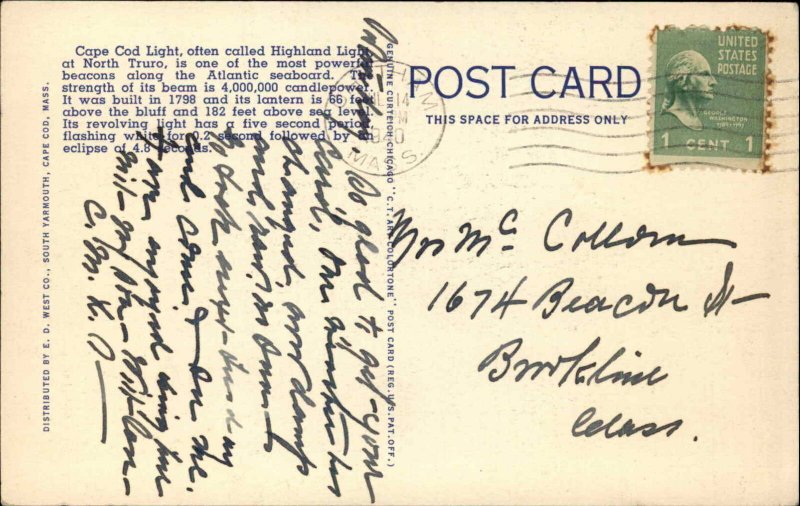 Cape Cod Massachusetts MA Lighthouse Linen 1930s-50s Linen Postcard