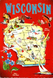 Wisconsin Map Showing State Bird & Flower and More