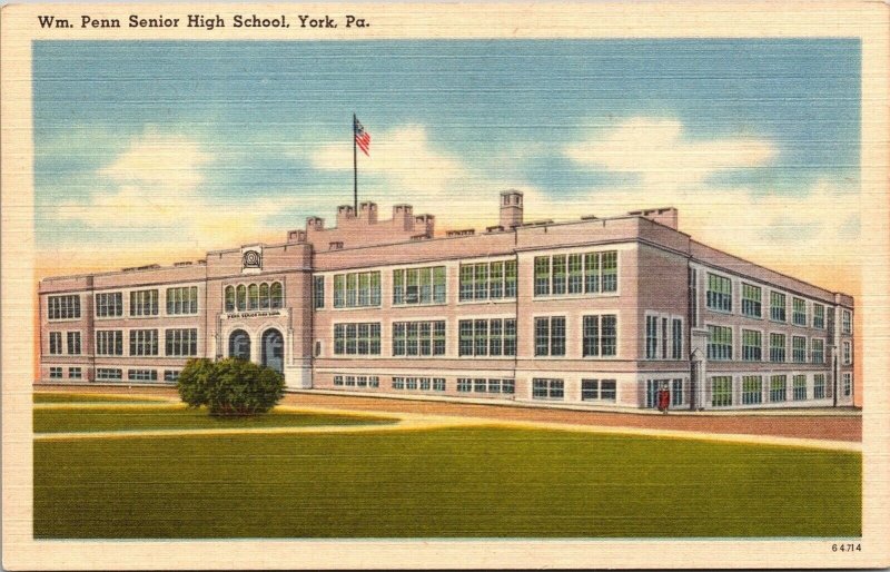 Wm Penn Senior High School Building Streetview York Pennsylvania Linen Postcard 