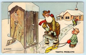 OUTHOUSE COMIC Traffic Problems Winter Kids Sleds ~ Don Bloodgood Postcard