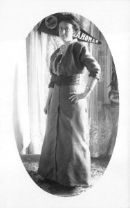 RPPC WOMAN  & INDIAN OKLAHOMA BANNER STUDIO REAL PHOTO POSTCARD (c. 1910)