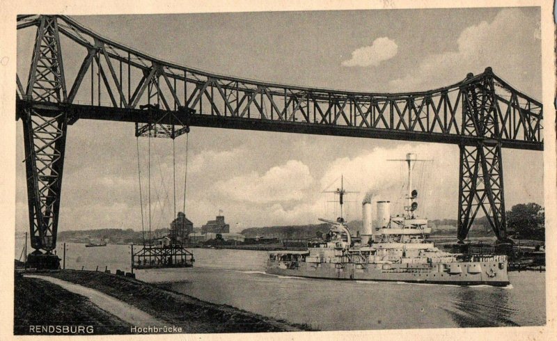 German Navy Rendsburg shipyard Battleship Cruiser Passing under High Bridge