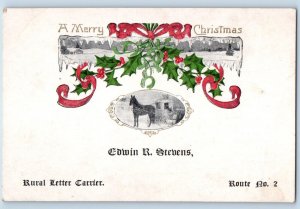 Christmas Postcard Holly Berries Horse Carriage Rural Mail Delivery Mailman