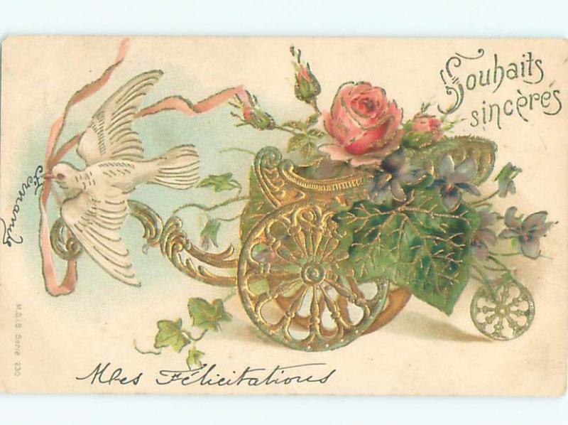foreign Pre-1907 Postcard BIRD BESIDE FLOWERS IN THREE WHEELED CART AC3702