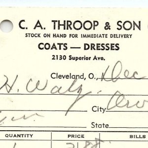 1938 C.A. THROOP & SON COATS-DRESSES CLEVELAND OHIO BILLHEAD STATEMENT Z3444