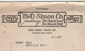 1937 M AND D SIMON CO TYBEST SCARF SINCERE SHIRT CLEVELAND BILLHEAD INVOICE Z573