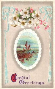 Cordial Greetings Wish White Flowers Blue Ribbon Landscape Antique Postcard 1913