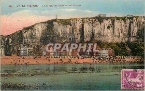 Postcard Old Treport The Beach Villas and Cliffs stamp printed in relief left