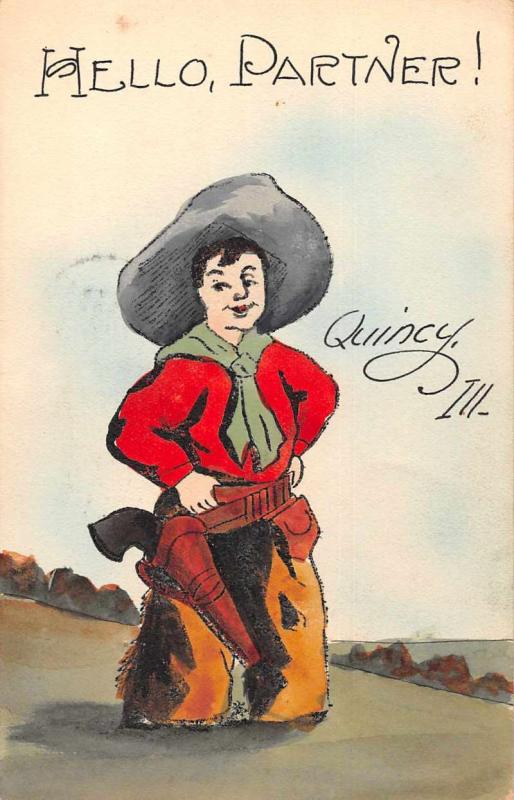 Quincy Illinois Greetings Cowboy with Gun Handmade Antique Postcard J76057