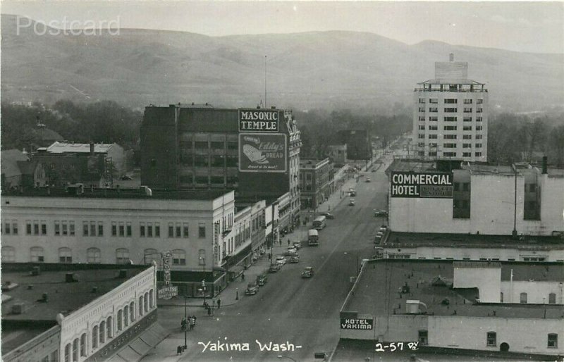 WA, Yakima, Washington, Street Scene, Masonic Temple, Commercial Hotel, RPPC