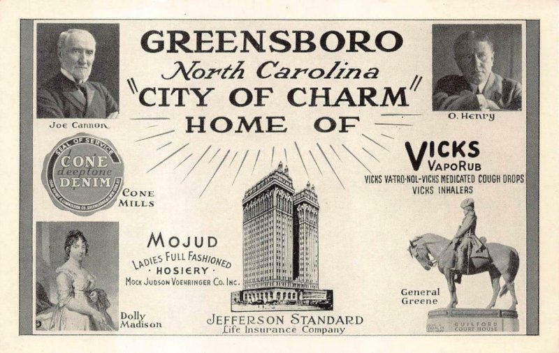 GREENSBORO NORTH CAROLINA JEFFERSON STANDARD LIFE INSURANCE AD POSTCARD (1950s)