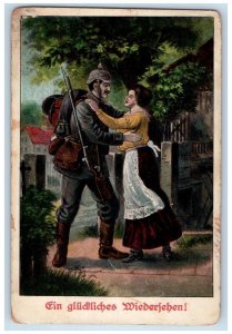 c1910's Happy Reunion Military And Maid Soldier Mail Posted Antique Postcard 