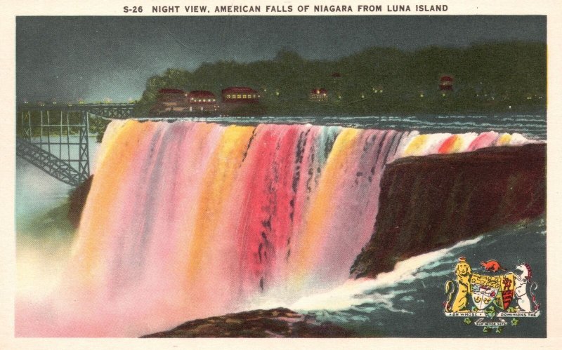 Vintage Postcard Night View American Falls Niagara From Luna Island New York NY