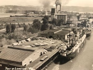 c.1950's Smoke Stacks Cargo Ships Unloading Port of Longview Wa. RPPC 2T3-637 