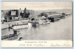 1905 St. Paul Minnesota MN Vintage Postcard Mississippi River Dock Port Building