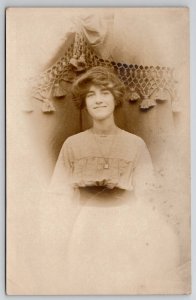 RPPC Edwardian Woman Gibson Girl Style Macrame Swag Backdrop Postcard S28