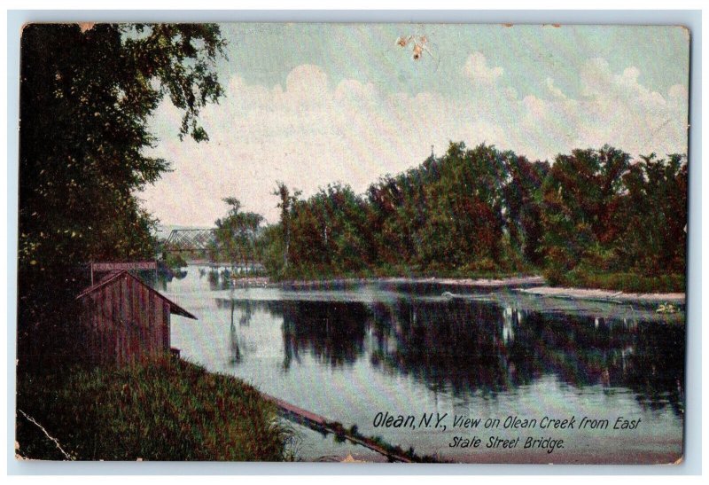 1910 View on Olean Creek from East State Street Bridge, Olean NY Postcard 