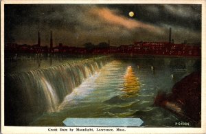 Great Dam by Moonlight, Lawrence MA Vintage Postcard K53