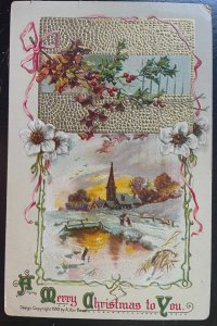 Vintage Victorian Postcard 1911 Merry Christmas to You - Light Green Card, Holly