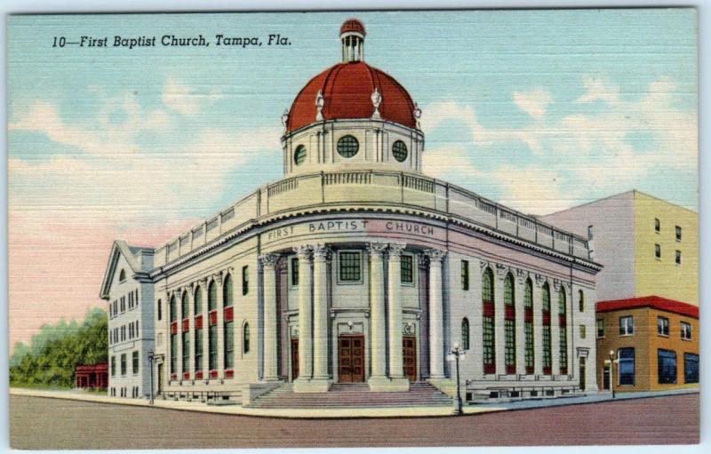 TAMPA, Florida  FL    FIRST BAPTIST CHURCH  ca 1940s Linen  Postcard