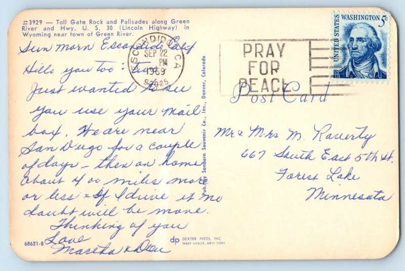 Wyoming WY Postcard Toll Gate Rock Palisades Green River Town Grene River 1969