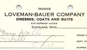 1938 LOVEMAN-BAUER CO. CLEVELAND OH DRESSES COATS SUITS BILLHEAD INVOICE Z1073