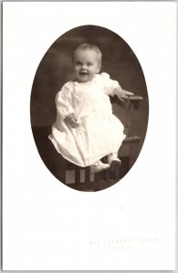 Cute Little Kid Sitting on Wooden Chair White Dress Photograph Postcard