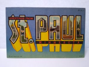 Greetings From St Paul Minnesota Large Big Letter Postcard Linen 1954 Cancel