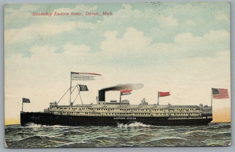 c.1910 Eastern States Steamship Postcard Detroit MI Cruise Passenger Ship