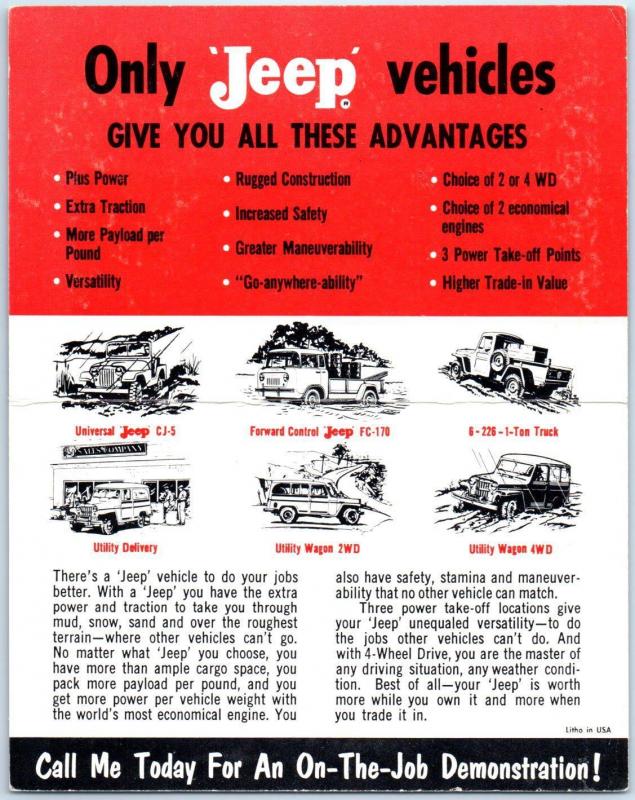 ADVERTISING Folding Postcard  JEEP 4 WHEEL DRIVE 1 TON PICKUP & Other Vehicles