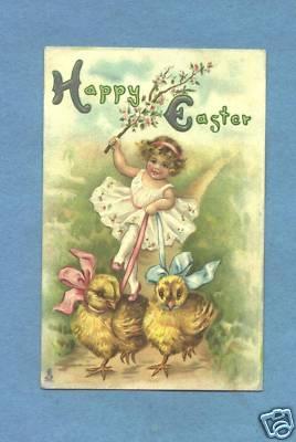 B4650 Easter postcard girl rides chicks tuck 755