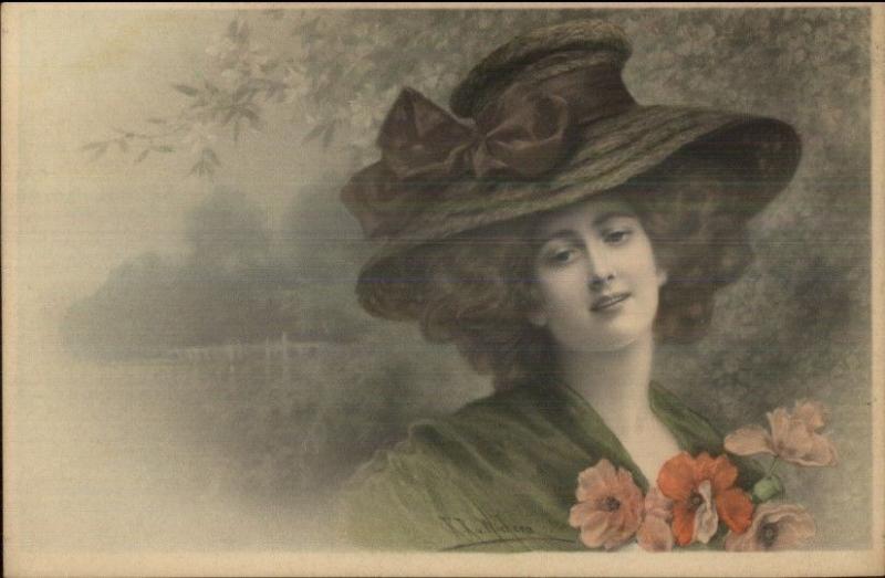 RR Wichera - Beautiful Woman Large Hat & Flowers MM Vienne M Munk #411 PC 