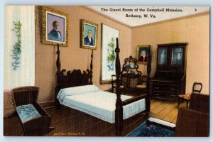 c1940 Bethany West Virginia Vintage Postcard Parlor Guest Room Campbell Mansion