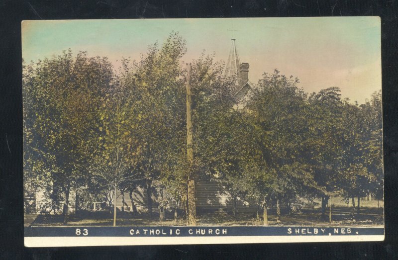 RPPC TINTED COLOR SHELBY NEBRASKA CATHOLIC CHURCH 1907 REAL PHOTO POSTCARD 