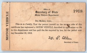 1918 Motor Vehicle Department Certificate Des Moines IA Advertising Postal Card
