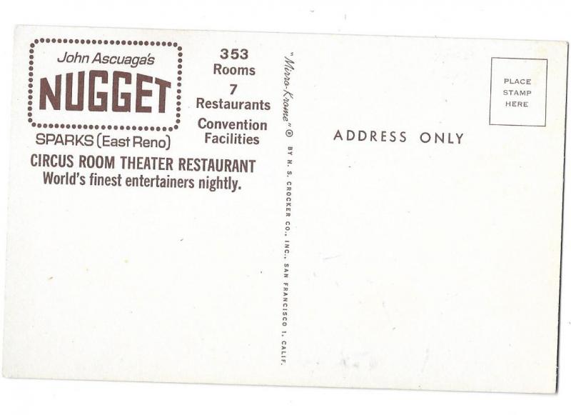 Nugget Hotel Casino Circus Room Theater Sparks Nevada 1960s