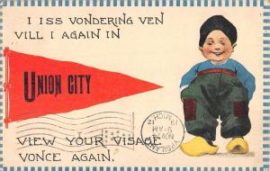 Union City Michigan Dutch Child Pennant Flag Antique Postcard K83007
