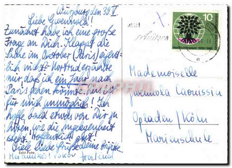Wurzburg Germany Modern Postcard Blick zum Kappele