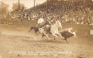 RPPC GUY SCHULTZ BULLDOGGING RODEO WICHITA FALLS TEXAS REAL PHOTO POSTCARD 1920