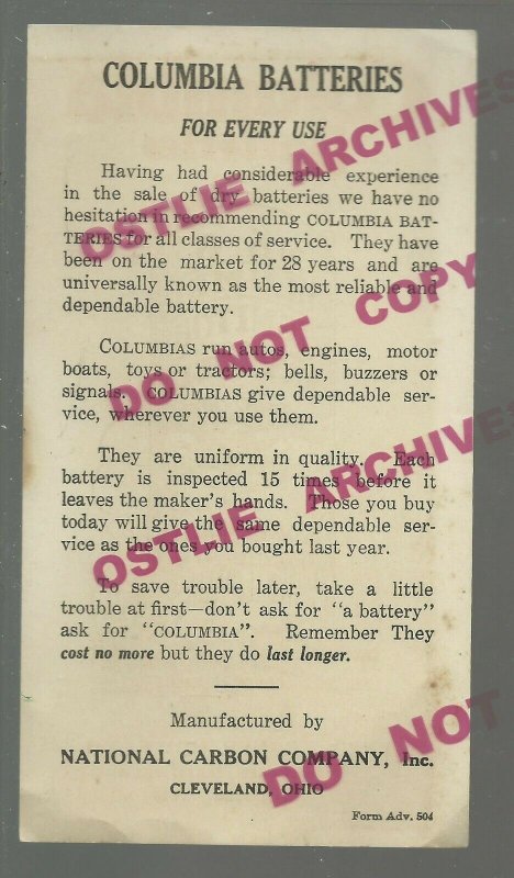 La Crosse WISCONSIN c1920 ADVERTISING Automotive COLUMBIA CAR BATTERY Batteries