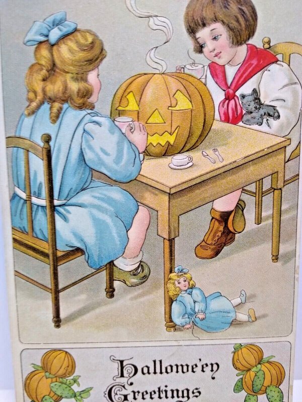 Halloween Postcard Anthropomorphic Gobins Children Tea Party Toys BW Series 374 