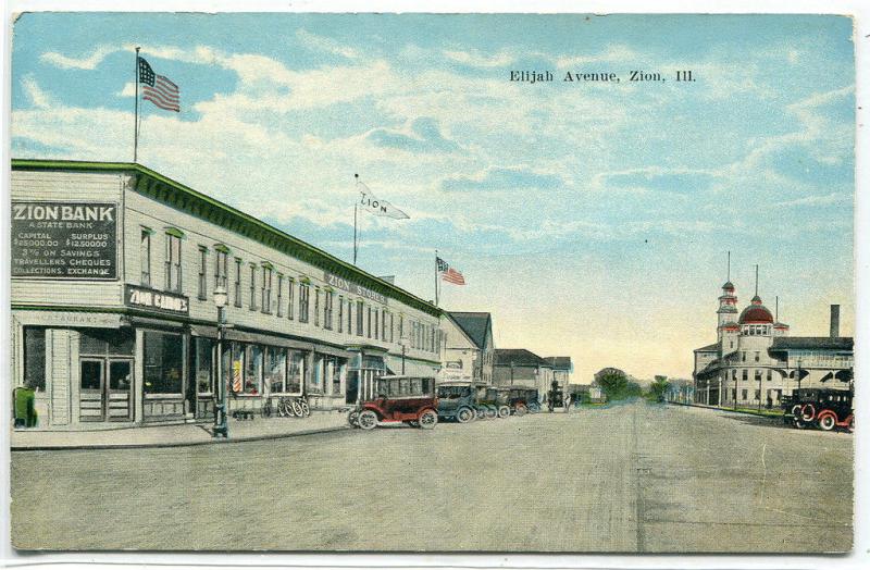 Elijah Avenue Street Scene Bank Zion Illinois 1910c postcard