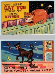 2 Postcards CAT COMICS Cats on Fence at Night ca 1940s Linens
