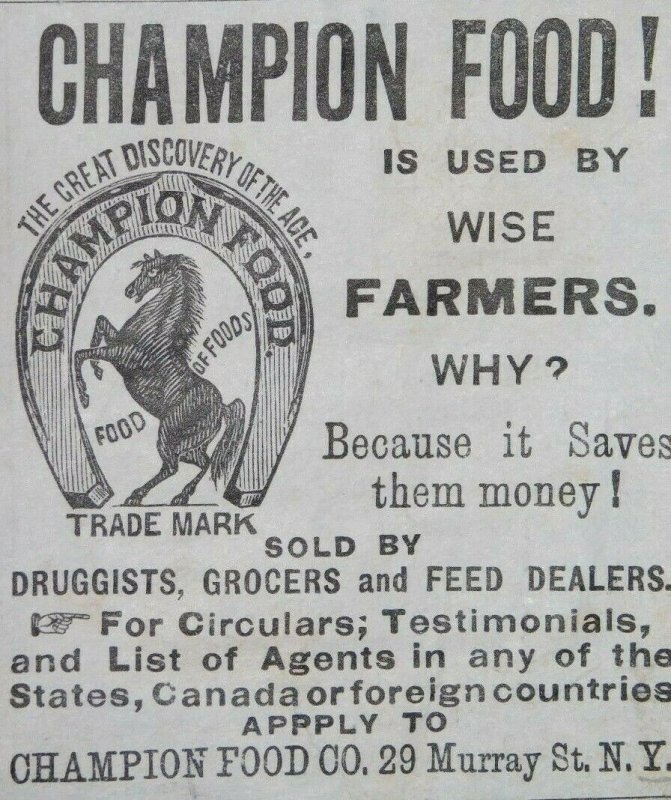 1870s Champion Food Co, Horse Farming, New York Engraved Victorian Print Ad F3 