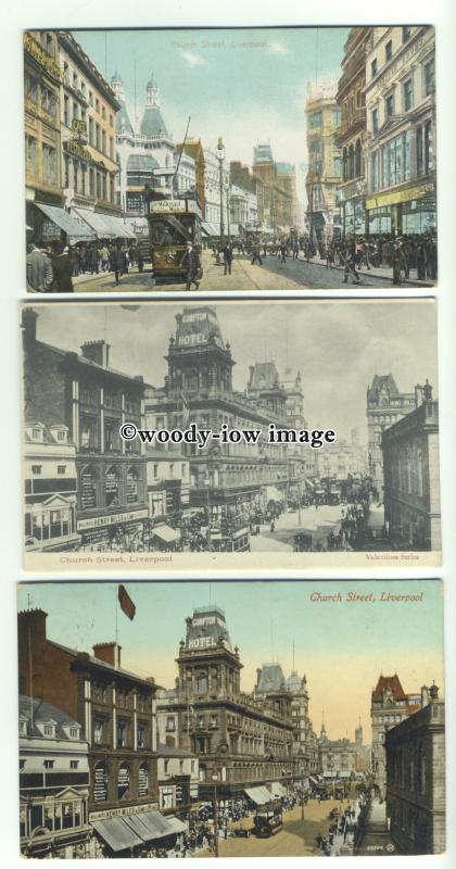 tp9674 - Lancs - Three Cards, All Early Views of Church St. Liverpool - Postcard