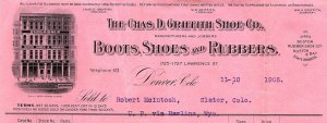 1905 THE CHAS D GRIFFITH SHOE CO DENVER CO BOOTS SHOES RUBBERS BILLHEAD Z875