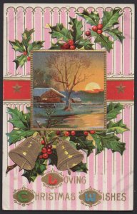 Loving Christmas Wishes with Bells Holly Country Scene embossed pm ~ DB